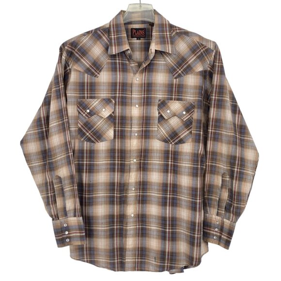 Plains Western Wear Mens L Pearl Snap Shirt Brown Blue Red Plaid Long Sleeve - Picture 1 of 16